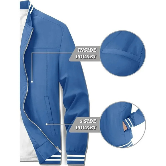❤️ Men's Bomber Jacket Lightweight Casual Fall Windbreaker Zip Up  Coat - Blue - Picture 4 of 8
